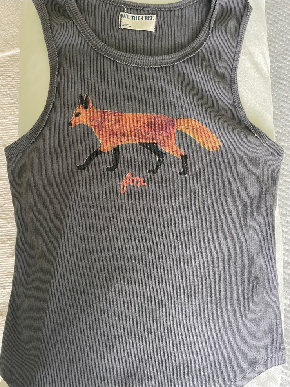 Free People Gray Ribbed Tank with Orange Fox Graphic